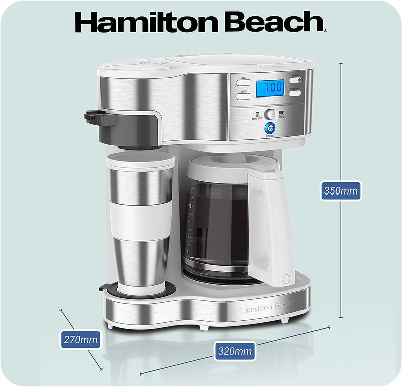 Hamilton Beach - Kaffebryggare Med Dubbla Bryggsystem, Termoskopp Ingår. Vit