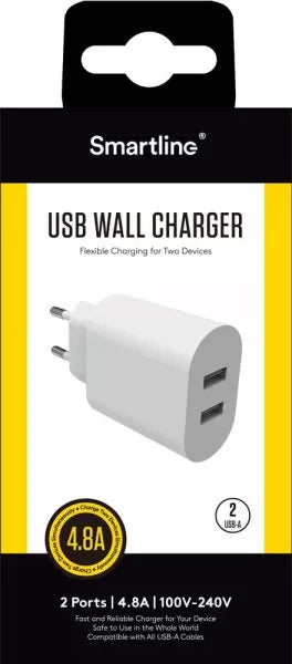 Smartline Laddare med dubbla USB-portar 4.8A Vit